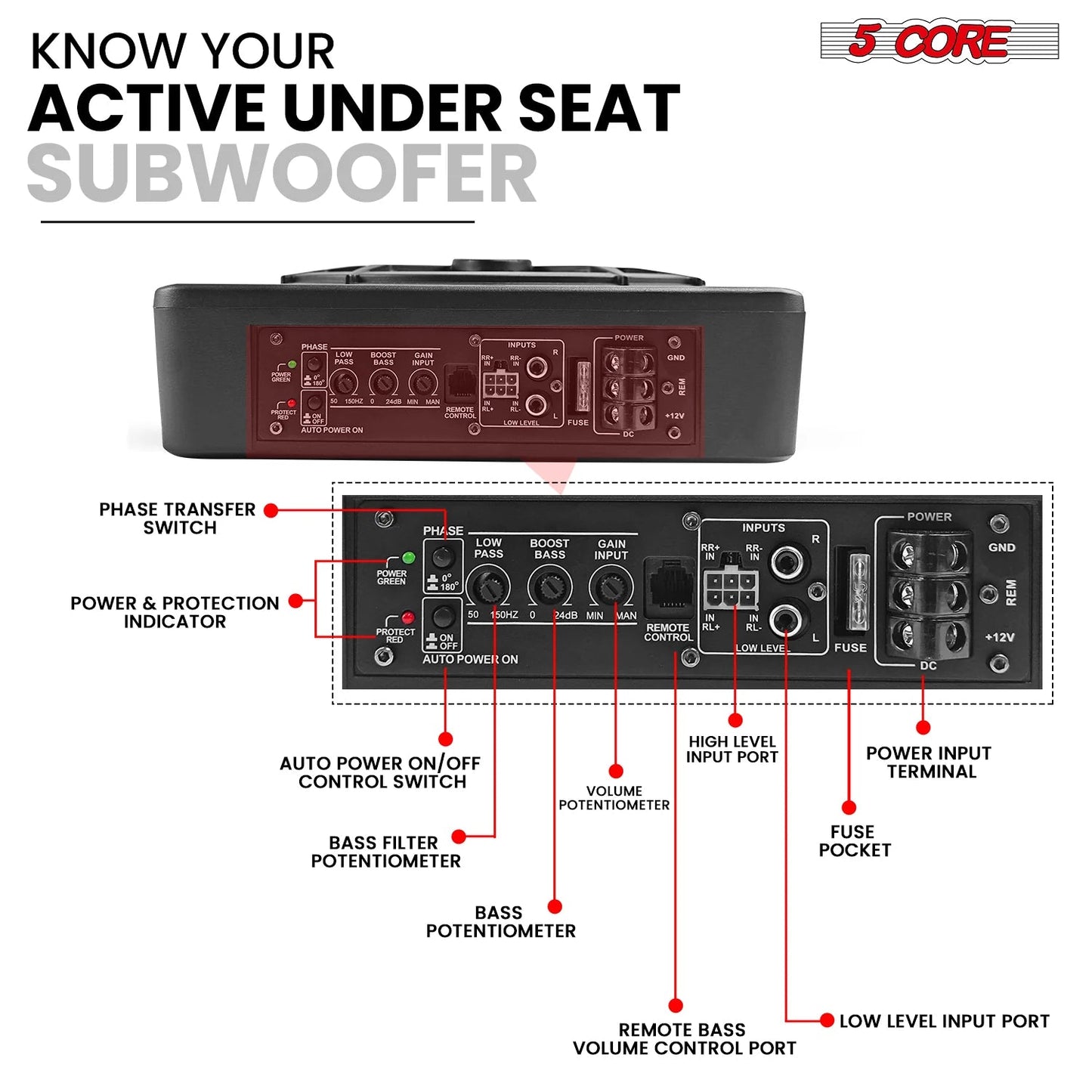 5Core 10 Inch Slim under Seat Car Audio Subwoofer 800W Built in