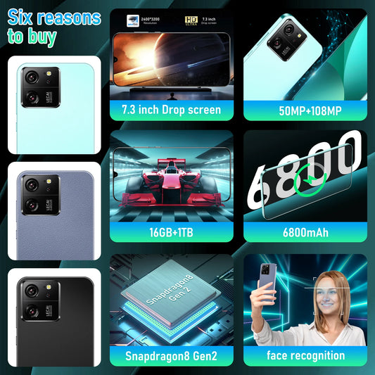2025 New Smartphone Xioami 14T Pro Mobile Phone 7.3inch HD 16G+1T Cell Phone 5G Dual SIM Handphone 6800mAh Face Unlocked Android