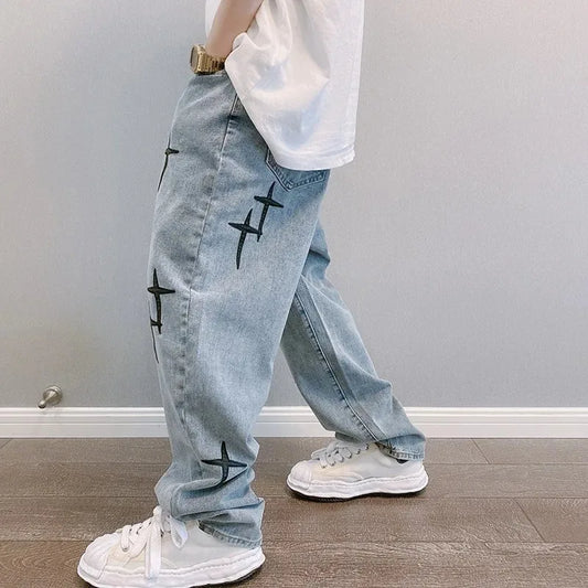 2024 New Fashion Men Stars Prints Jeans Y2K Clothes Hip Hop Baggy Wide Leg Pants Drapes Straight Cargo Trousers Pantalon Homme
