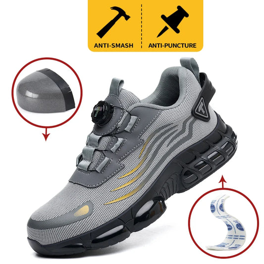 Botones giratorios zapatos de Seguridad masculinos, zapatos de trabajo, zapatillas de moda, botas de Seguridad Anticoagulantes