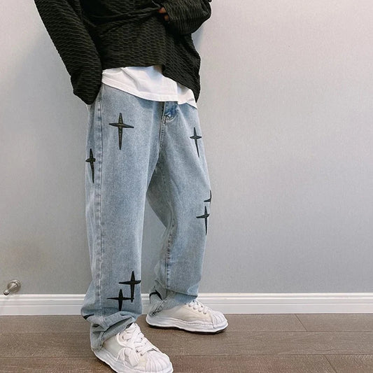 2024 New Fashion Men Stars Prints Jeans Y2K Clothes Hip Hop Baggy Wide Leg Pants Drapes Straight Cargo Trousers Pantalon Homme